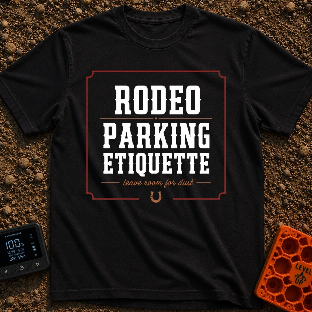 Rodeo Parking Rules - T-Shirt in Black - A text-based design featuring the words "RODEO PARKING ETIQUETTE" in large...