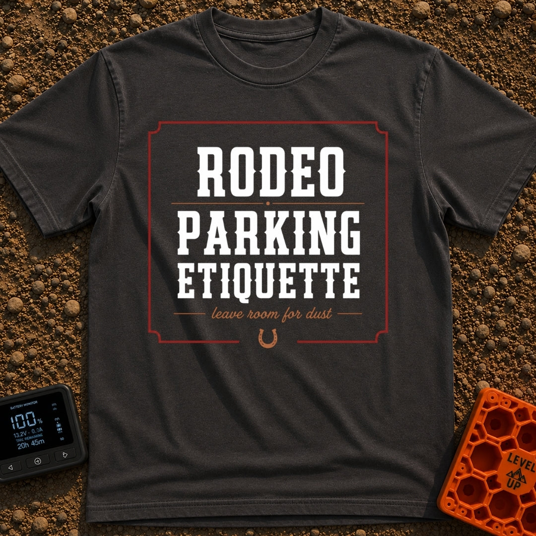 Rodeo Parking Rules - T-Shirt in Graphite - A text-based design featuring the words "RODEO PARKING ETIQUETTE" in large...