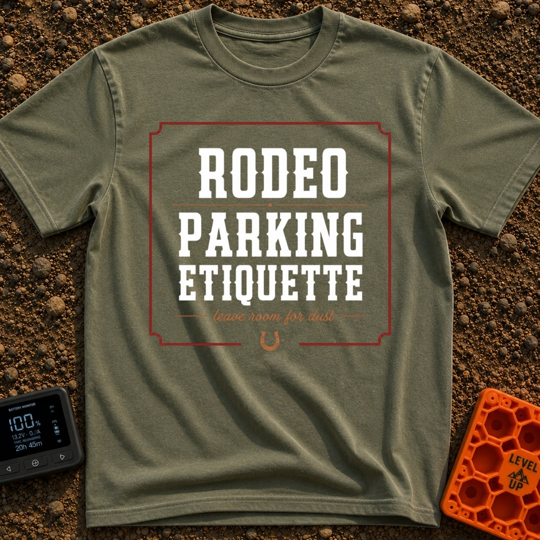 Rodeo Parking Rules - T-Shirt in Moss - A text-based design featuring the words "RODEO PARKING ETIQUETTE" in large...