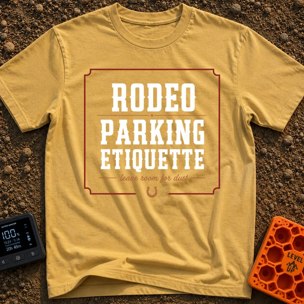 Rodeo Parking Rules - T-Shirt in Mustard - A text-based design featuring the words "RODEO PARKING ETIQUETTE" in large...