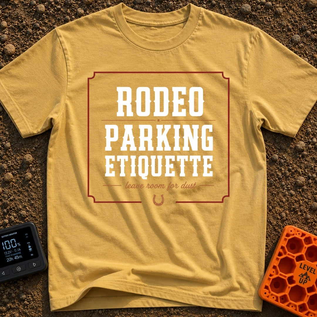 Rodeo Parking Rules - T-Shirt in Mustard - A text-based design featuring the words "RODEO PARKING ETIQUETTE" in large...