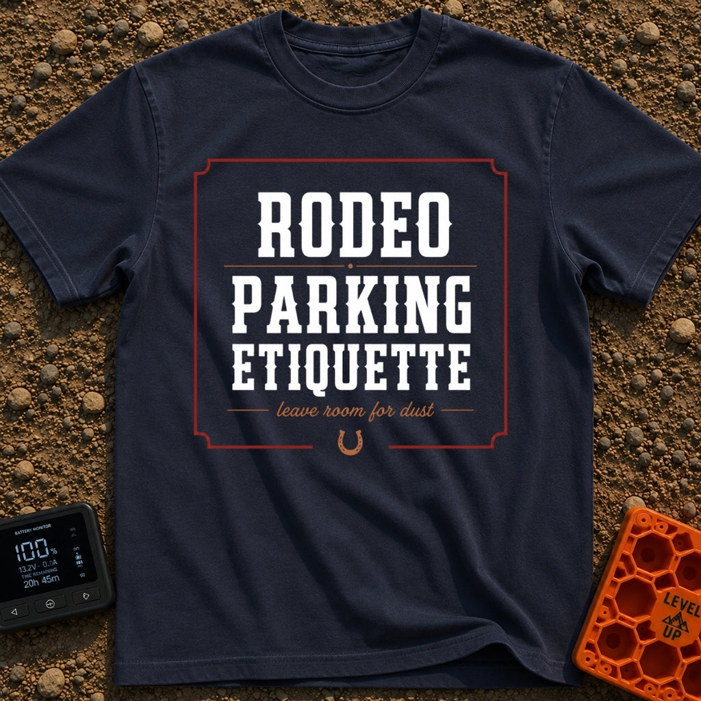 Rodeo Parking Rules - T-Shirt in Navy - A text-based design featuring the words "RODEO PARKING ETIQUETTE" in large...