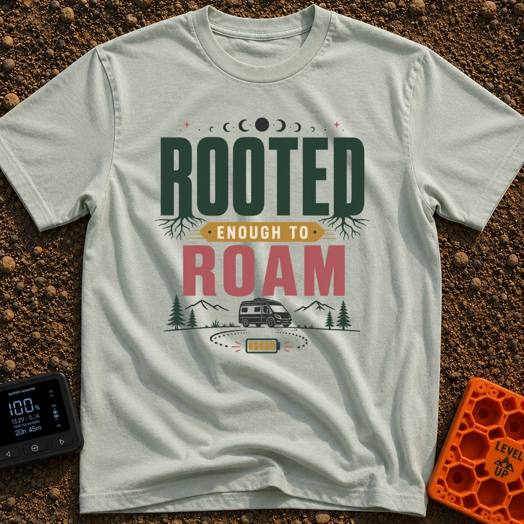 Rooted To Roam - T-Shirt in Bay - The design features the text "ROOTED ENOUGH TO ROAM" with tree roots growing from the...