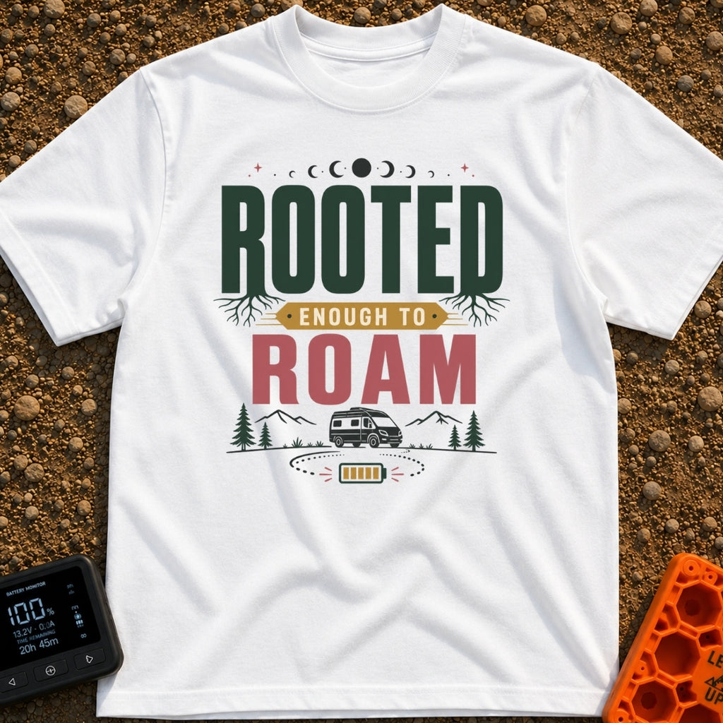 Rooted To Roam - T-Shirt in White - The design features the text "ROOTED ENOUGH TO ROAM" with tree roots growing from the...
