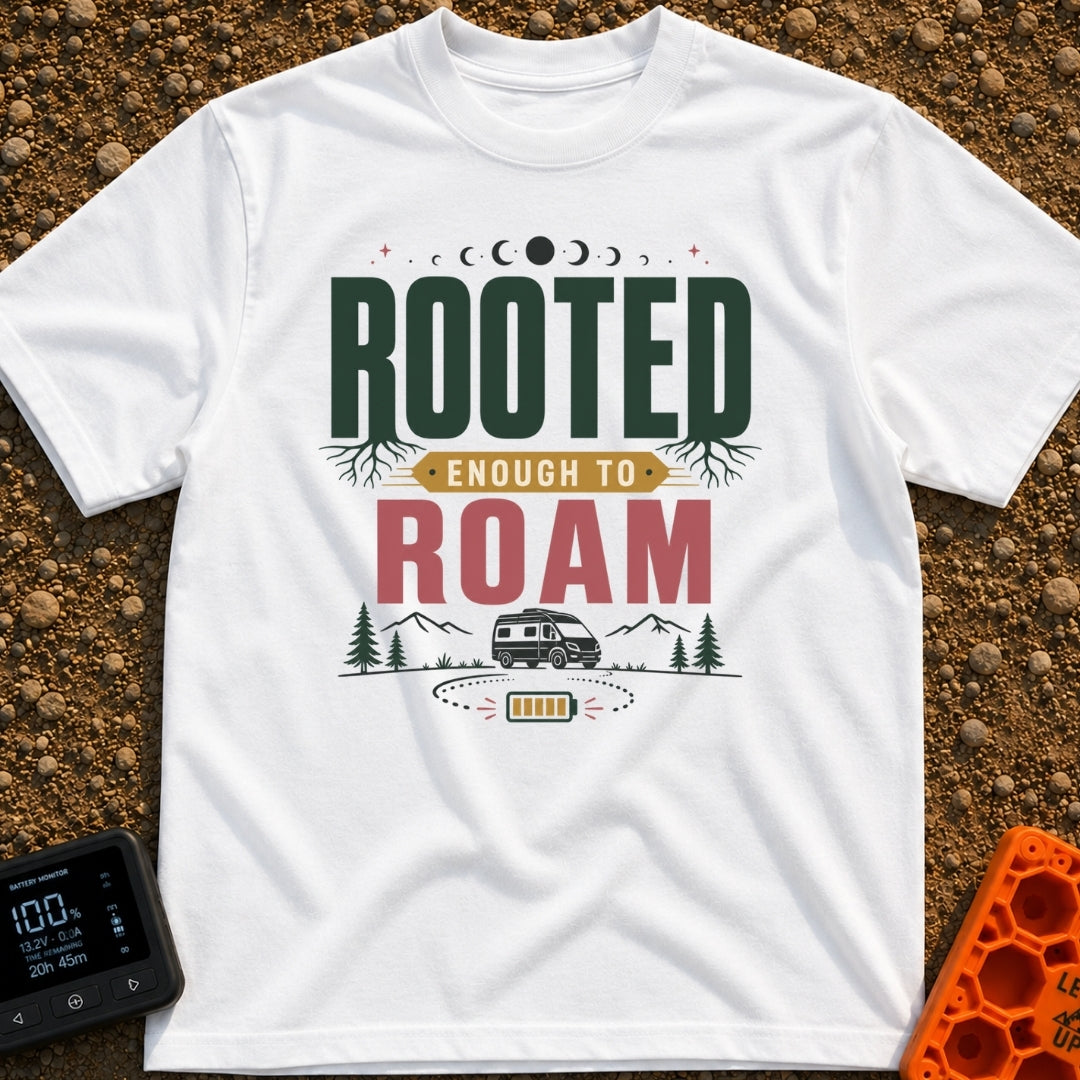 Rooted To Roam - T-Shirt in White - The design features the text "ROOTED ENOUGH TO ROAM" with tree roots growing from the...