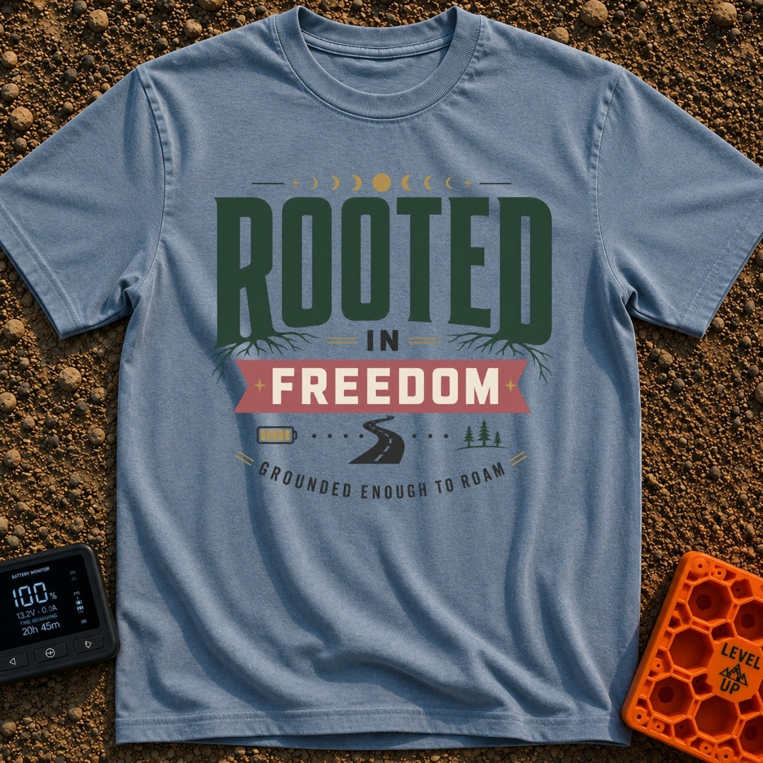 Grounded To Roam - T-Shirt in Blue Jean - A typographic design reading "ROOTED IN FREEDOM" with roots growing from the...