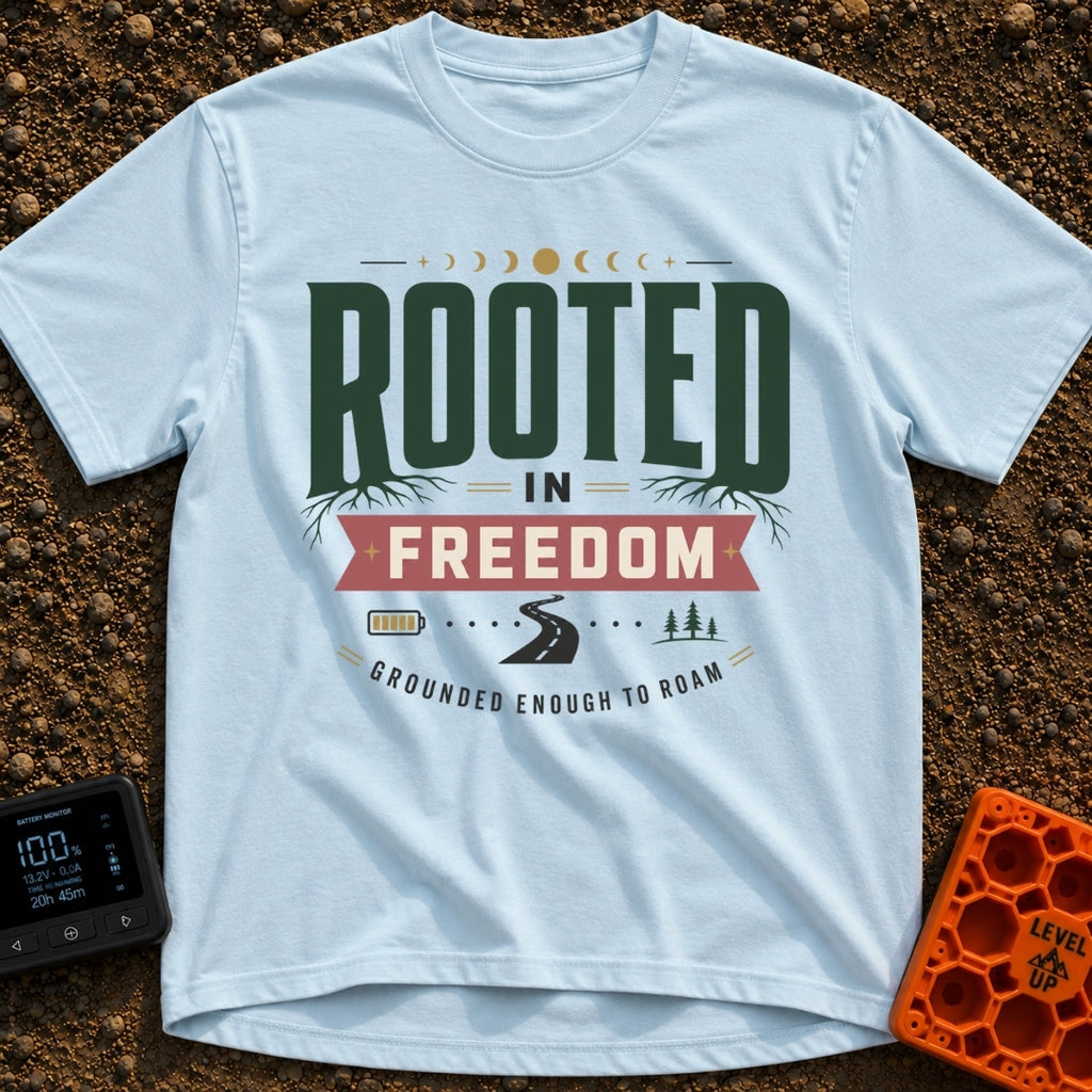 Grounded To Roam - T-Shirt in Chambray - A typographic design reading "ROOTED IN FREEDOM" with roots growing from the...