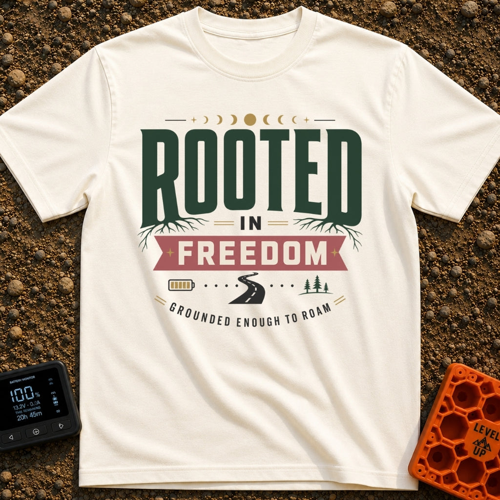 Grounded To Roam - T-Shirt in Ivory - A typographic design reading "ROOTED IN FREEDOM" with roots growing from the...