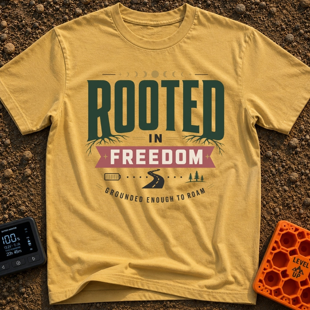 Grounded To Roam - T-Shirt in Mustard - A typographic design reading "ROOTED IN FREEDOM" with roots growing from the...