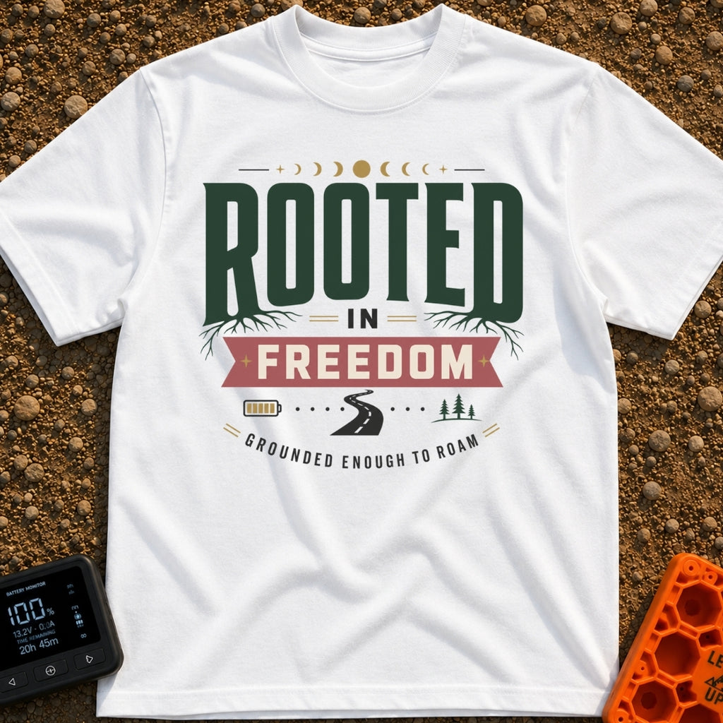 Grounded To Roam - T-Shirt in White - A typographic design reading "ROOTED IN FREEDOM" with roots growing from the...