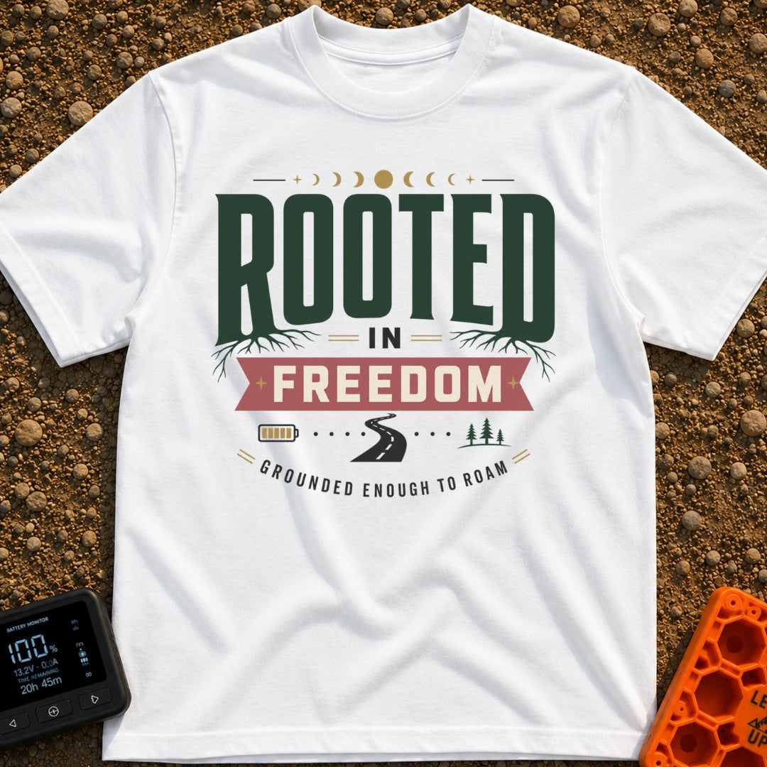 Grounded To Roam - T-Shirt in White - A typographic design reading "ROOTED IN FREEDOM" with roots growing from the...