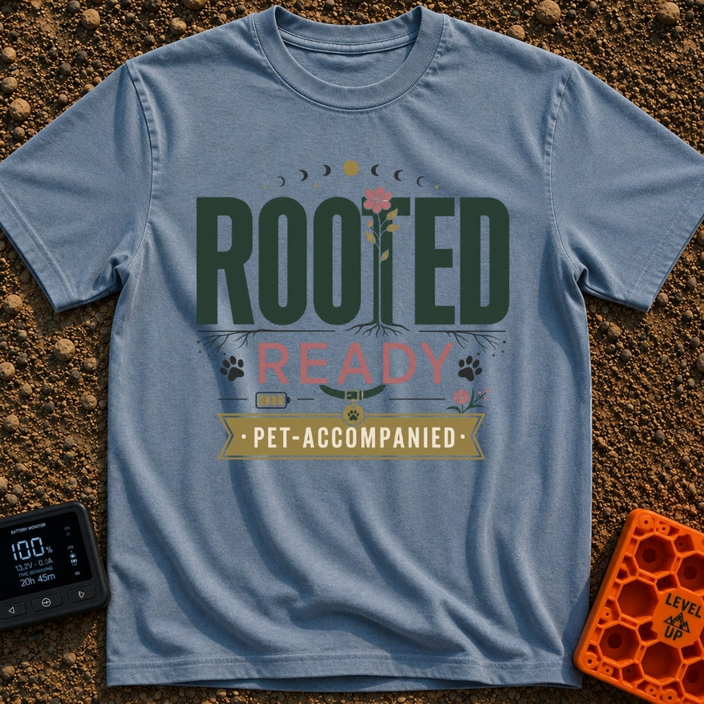 Paws Rooted And Ready - T-Shirt in Blue Jean - The design features the text "ROOTED", "READY", and "PET-ACCOMPANIED" with...