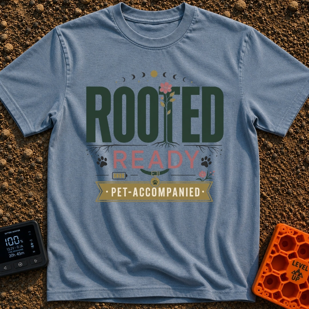 Paws Rooted And Ready - T-Shirt in Blue Jean - The design features the text "ROOTED", "READY", and "PET-ACCOMPANIED" with...