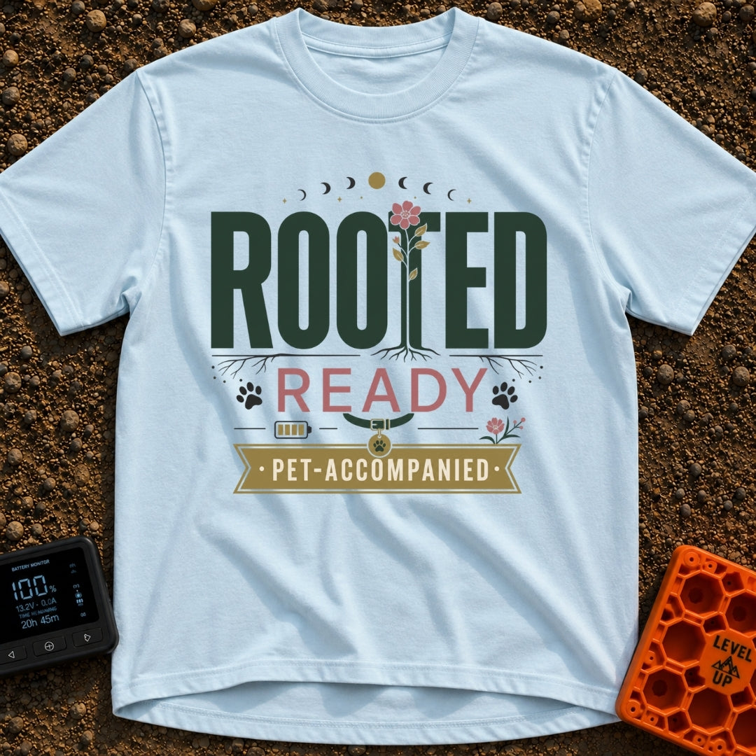 Paws Rooted And Ready - T-Shirt in Chambray - The design features the text "ROOTED", "READY", and "PET-ACCOMPANIED" with...