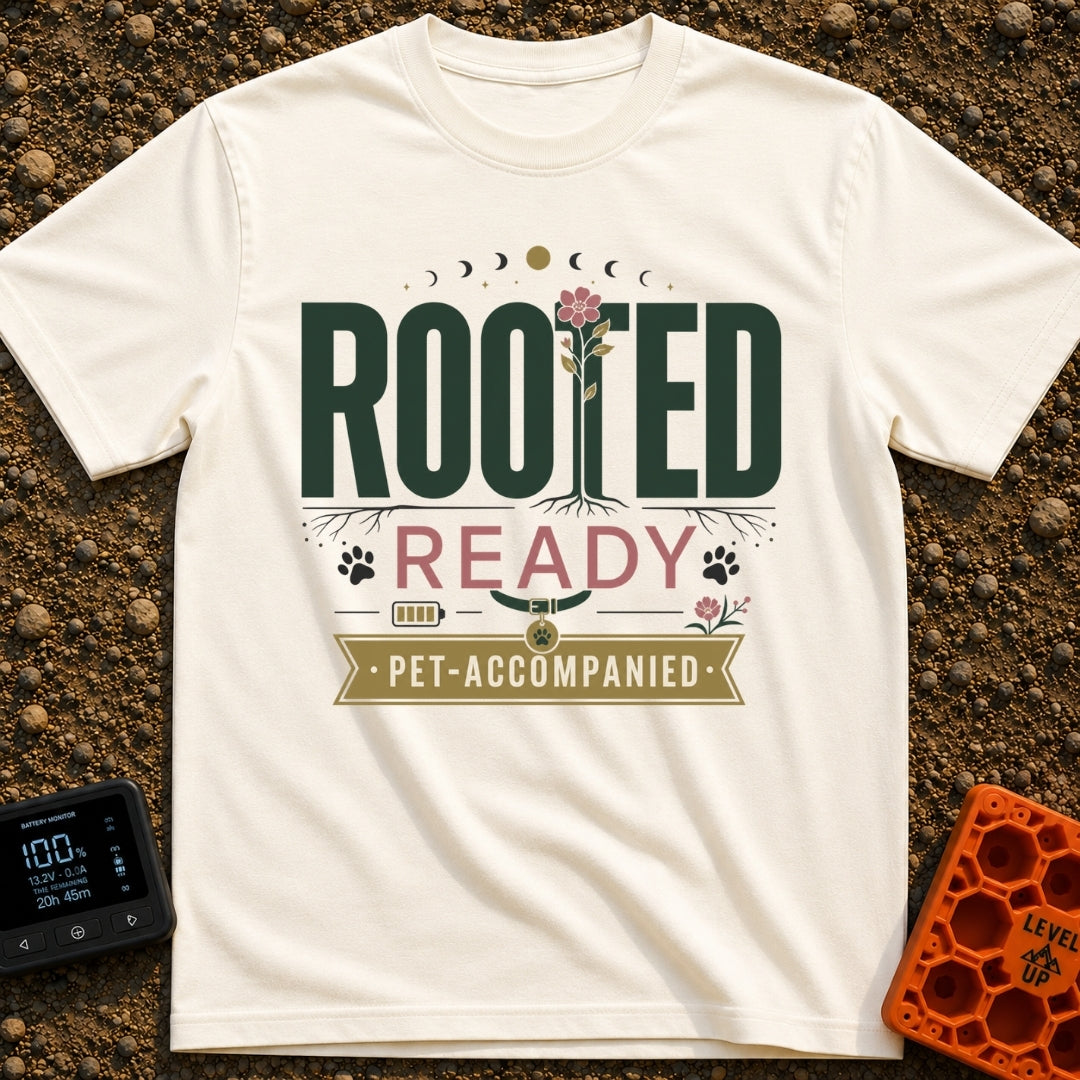 Paws Rooted And Ready - T-Shirt in Ivory - The design features the text "ROOTED", "READY", and "PET-ACCOMPANIED" with the...