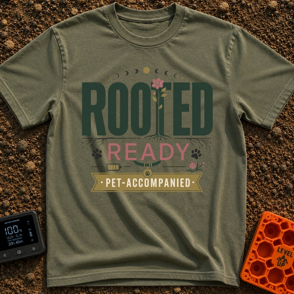 Paws Rooted And Ready - T-Shirt in Moss - The design features the text "ROOTED", "READY", and "PET-ACCOMPANIED" with the...