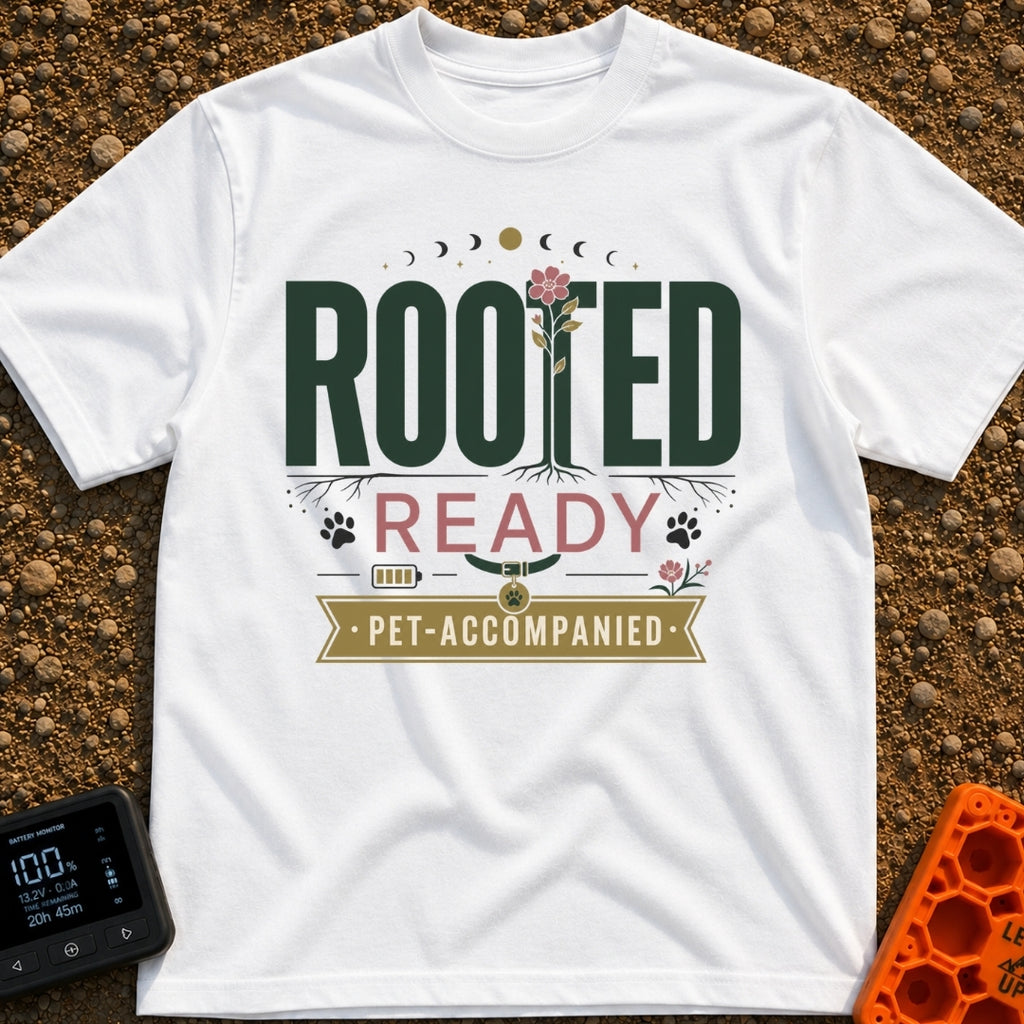 Paws Rooted And Ready - T-Shirt in White - The design features the text "ROOTED", "READY", and "PET-ACCOMPANIED" with the...