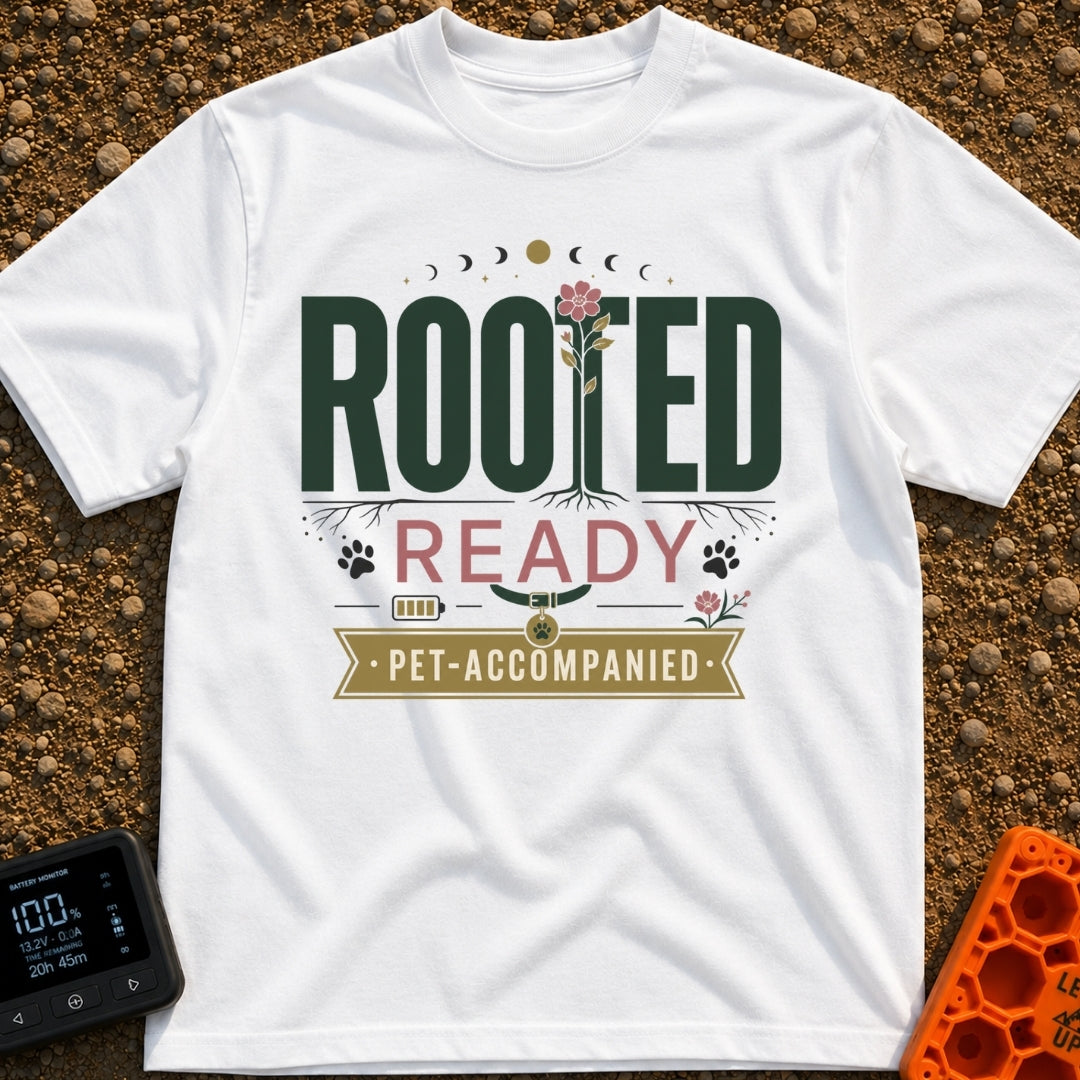Paws Rooted And Ready - T-Shirt in White - The design features the text "ROOTED", "READY", and "PET-ACCOMPANIED" with the...