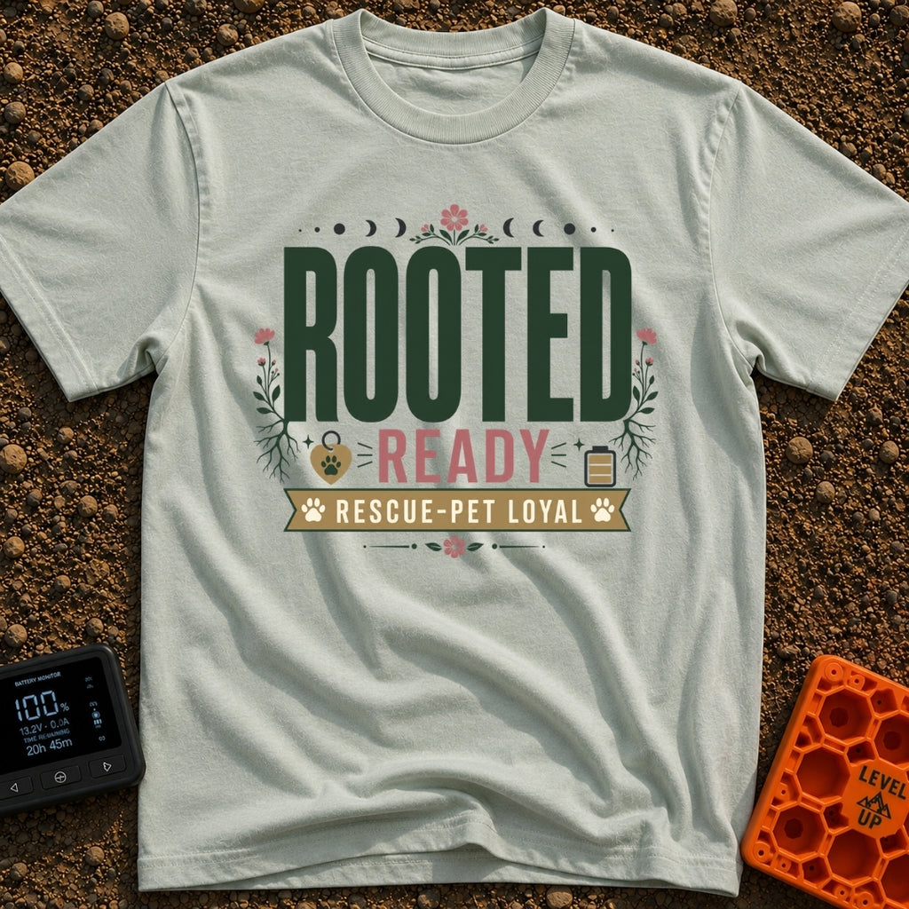 Rooted Ready Rescue Pet - T-Shirt in Bay - A typographic design featuring the words "ROOTED" and "READY" above a banner...