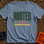 Rooted Ready Rescue Pet - T-Shirt in Blue Jean - A typographic design featuring the words "ROOTED" and "READY" above a...