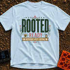 Rooted Ready Rescue Pet - T-Shirt in Chambray - A typographic design featuring the words "ROOTED" and "READY" above a...