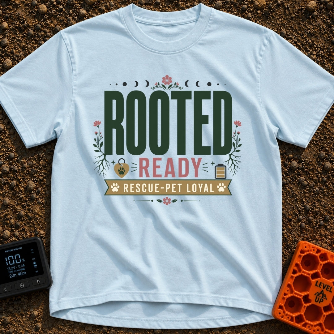 Rooted Ready Rescue Pet - T-Shirt in Chambray - A typographic design featuring the words "ROOTED" and "READY" above a...