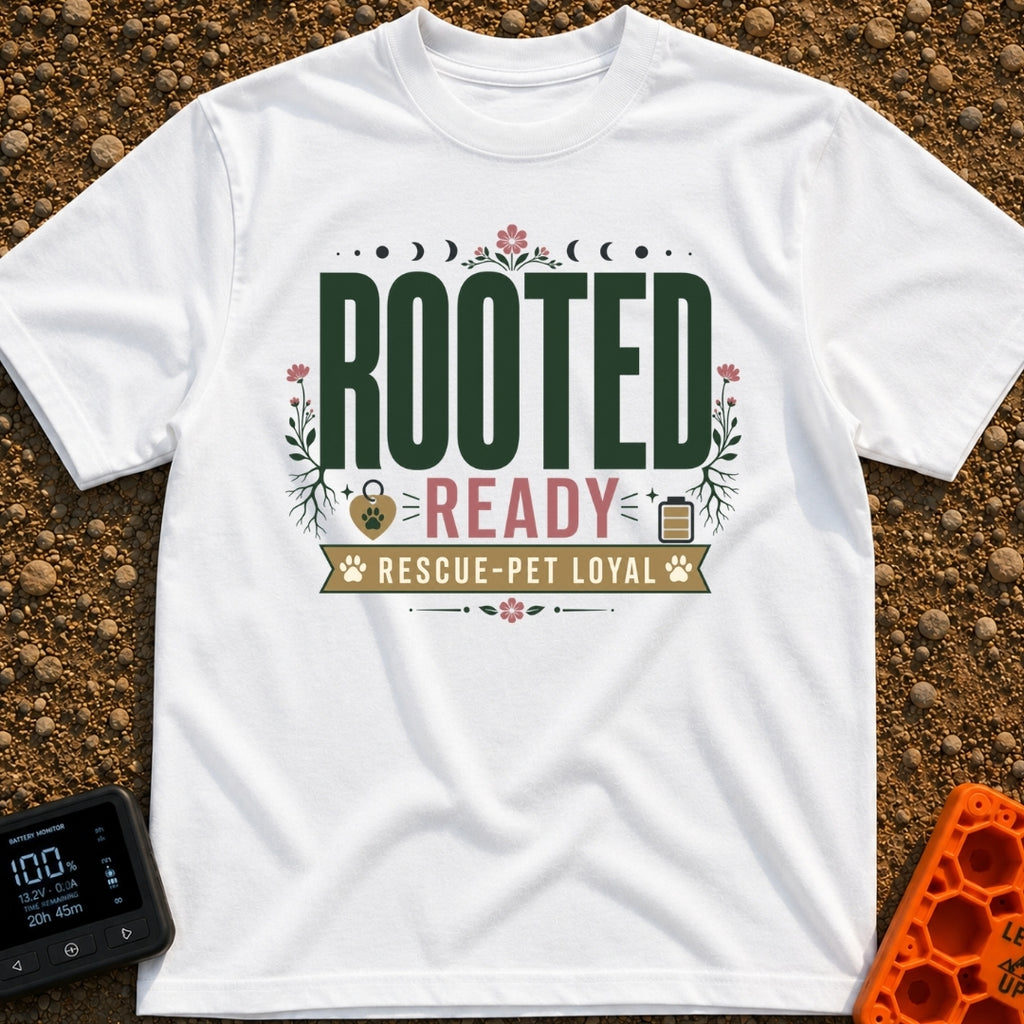 Rooted Ready Rescue Pet - T-Shirt in White - A typographic design featuring the words "ROOTED" and "READY" above a banner...