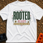 Rooted Ready Rescue Pet - T-Shirt in White - A typographic design featuring the words "ROOTED" and "READY" above a banner...