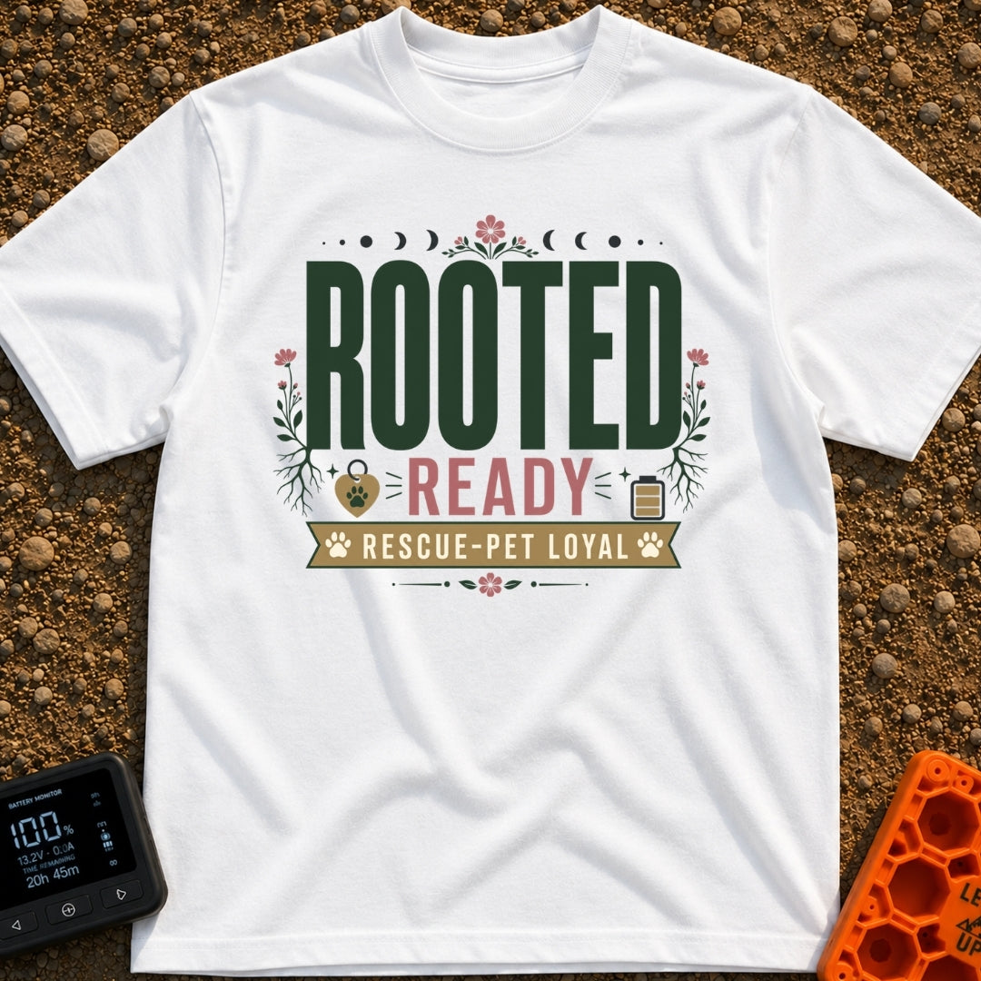 Rooted Ready Rescue Pet - T-Shirt in White - A typographic design featuring the words "ROOTED" and "READY" above a banner...