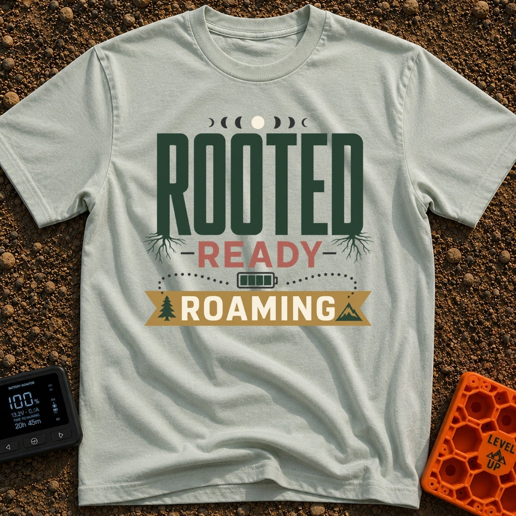 Rooted To Roam - T-Shirt in Bay - A typographic design reading "ROOTED", "READY", and "ROAMING" stacked vertically. The...