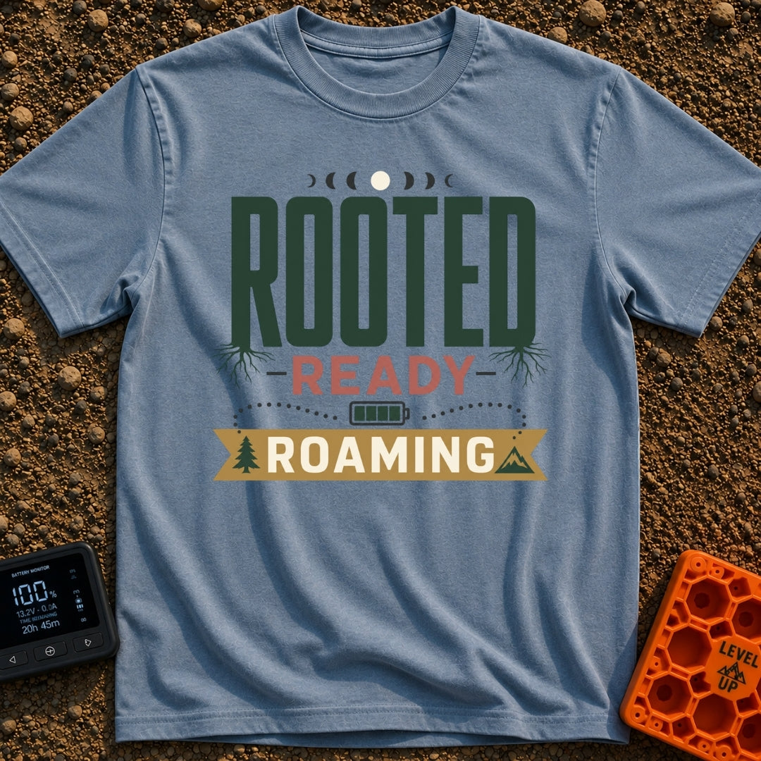 Rooted To Roam - T-Shirt in Blue Jean - A typographic design reading "ROOTED", "READY", and "ROAMING" stacked vertically....