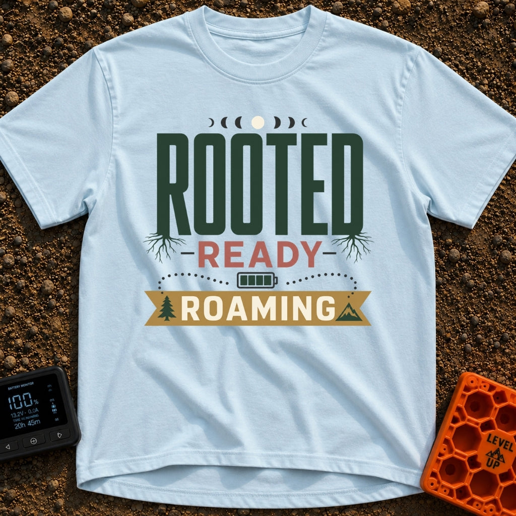Rooted To Roam - T-Shirt in Chambray - A typographic design reading "ROOTED", "READY", and "ROAMING" stacked vertically....