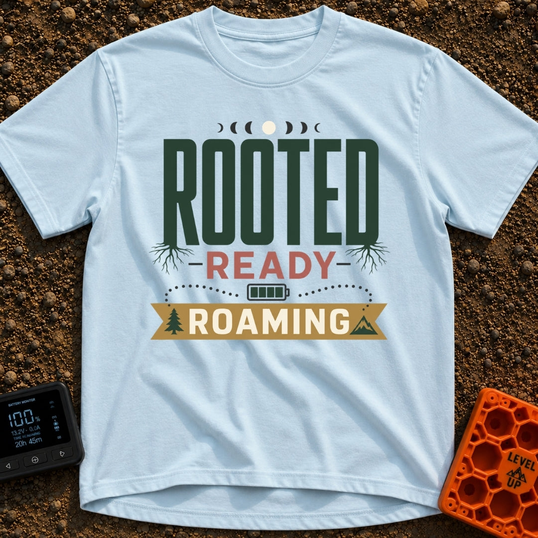 Rooted To Roam - T-Shirt in Chambray - A typographic design reading "ROOTED", "READY", and "ROAMING" stacked vertically....