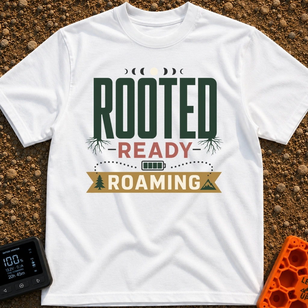 Rooted To Roam - T-Shirt in White - A typographic design reading "ROOTED", "READY", and "ROAMING" stacked vertically. The...