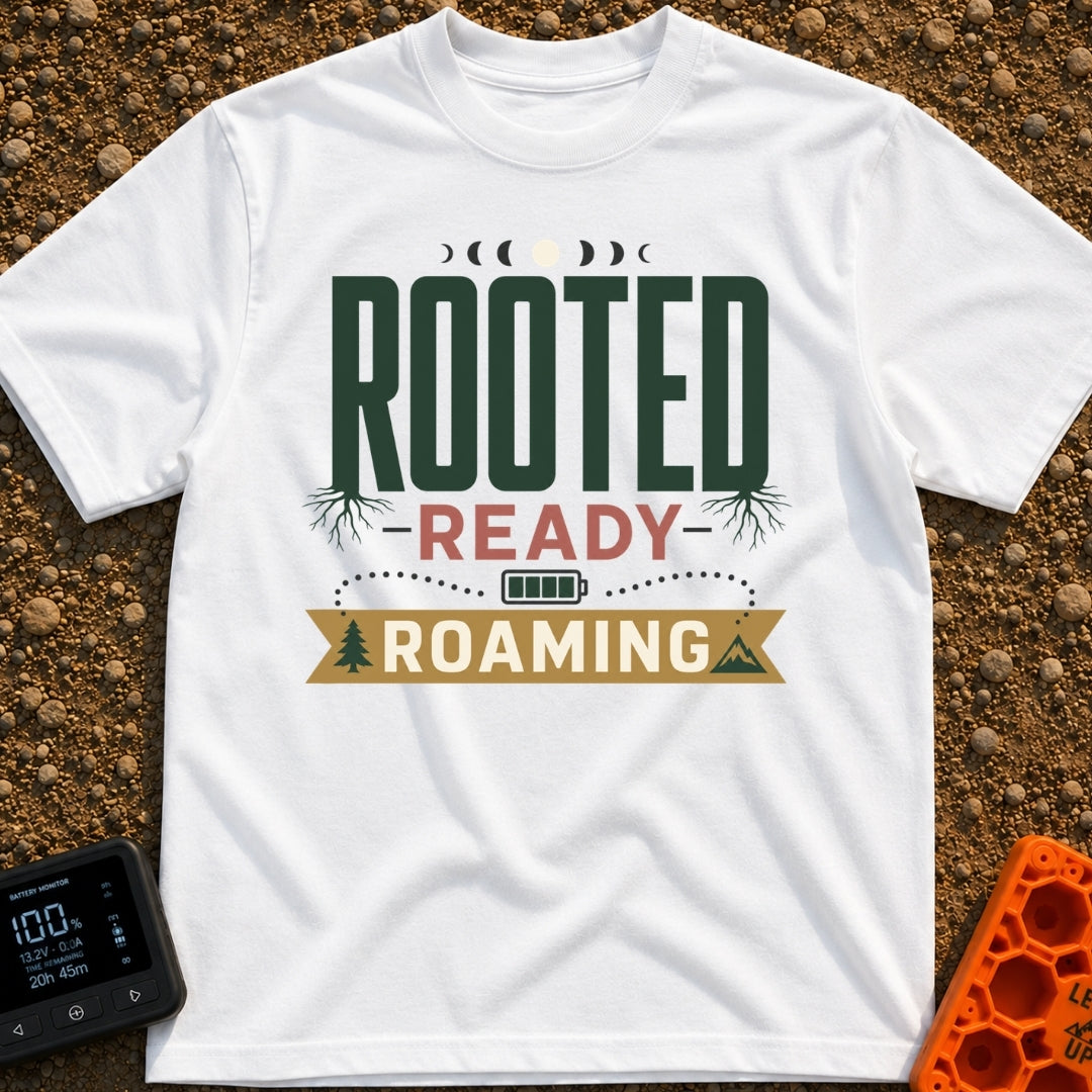 Rooted To Roam - T-Shirt in White - A typographic design reading "ROOTED", "READY", and "ROAMING" stacked vertically. The...