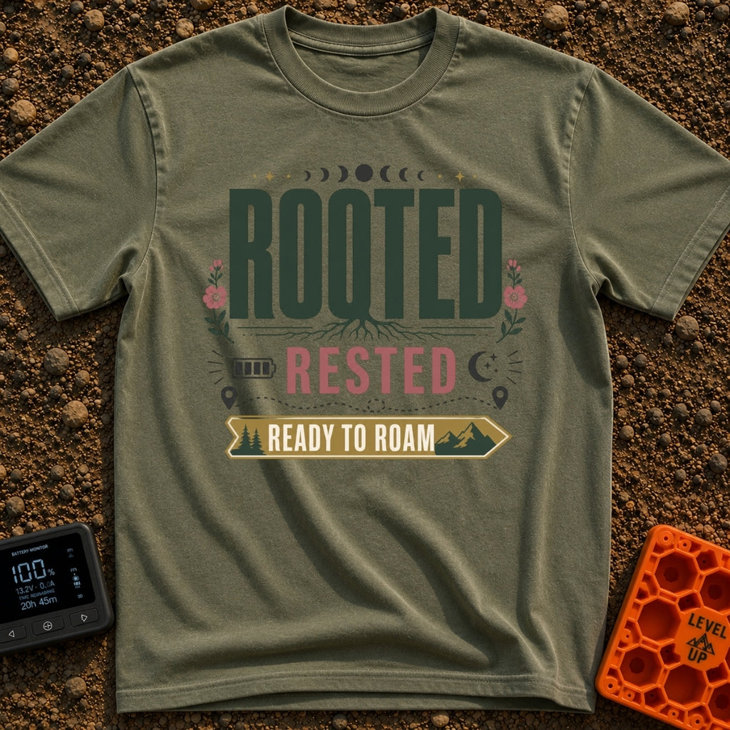 Rooted Ready To Roam - T-Shirt in Moss - A typographic design featuring the word "ROOTED" with tree roots growing from...