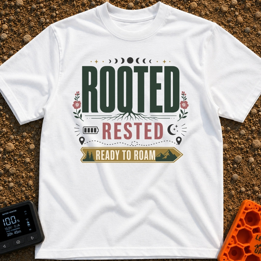 Rooted Ready To Roam - T-Shirt in White - A typographic design featuring the word "ROOTED" with tree roots growing from...