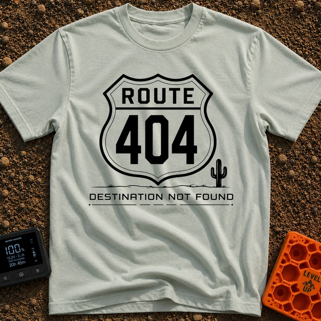 Route 404 Not Found - T-Shirt in Bay - A black and white graphic featuring a traditional U.S. highway shield sign reading...