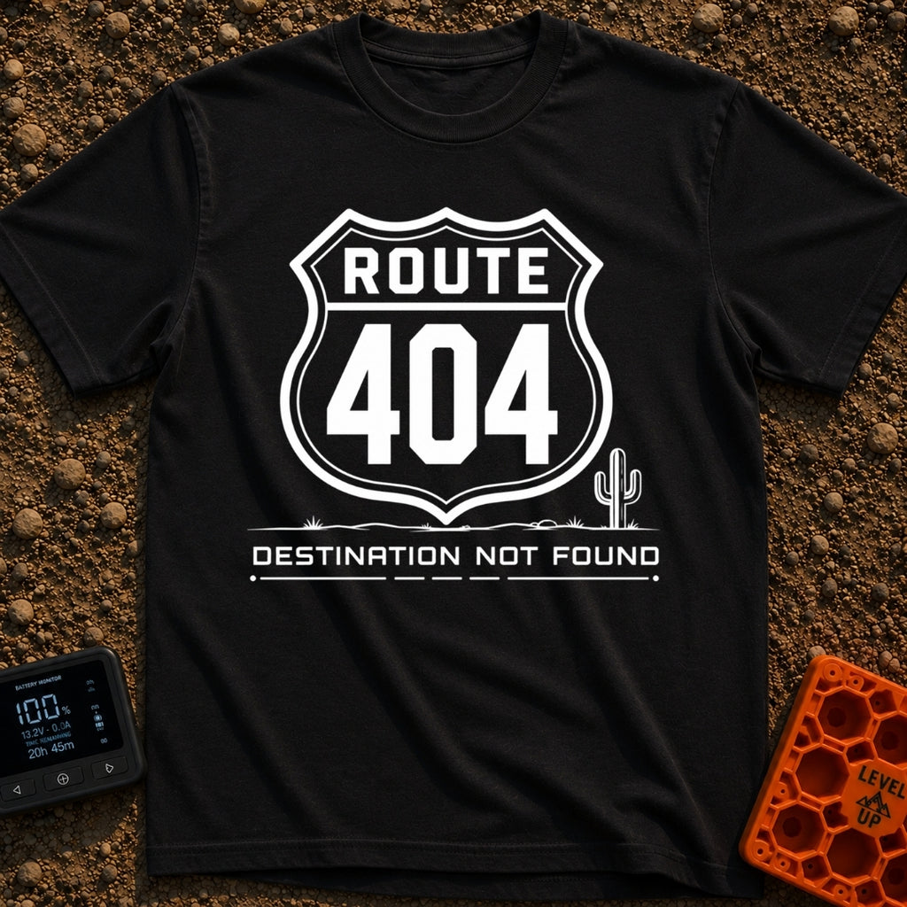 Route 404 Not Found - T-Shirt in Black - A black and white graphic featuring a traditional U.S. highway shield sign...