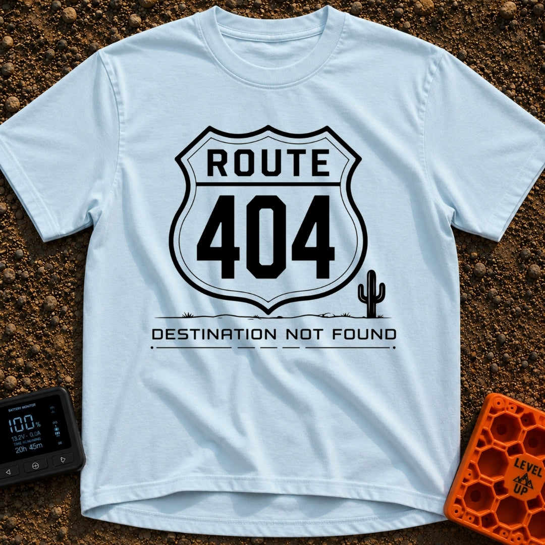 Route 404 Not Found - T-Shirt in Chambray - A black and white graphic featuring a traditional U.S. highway shield sign...