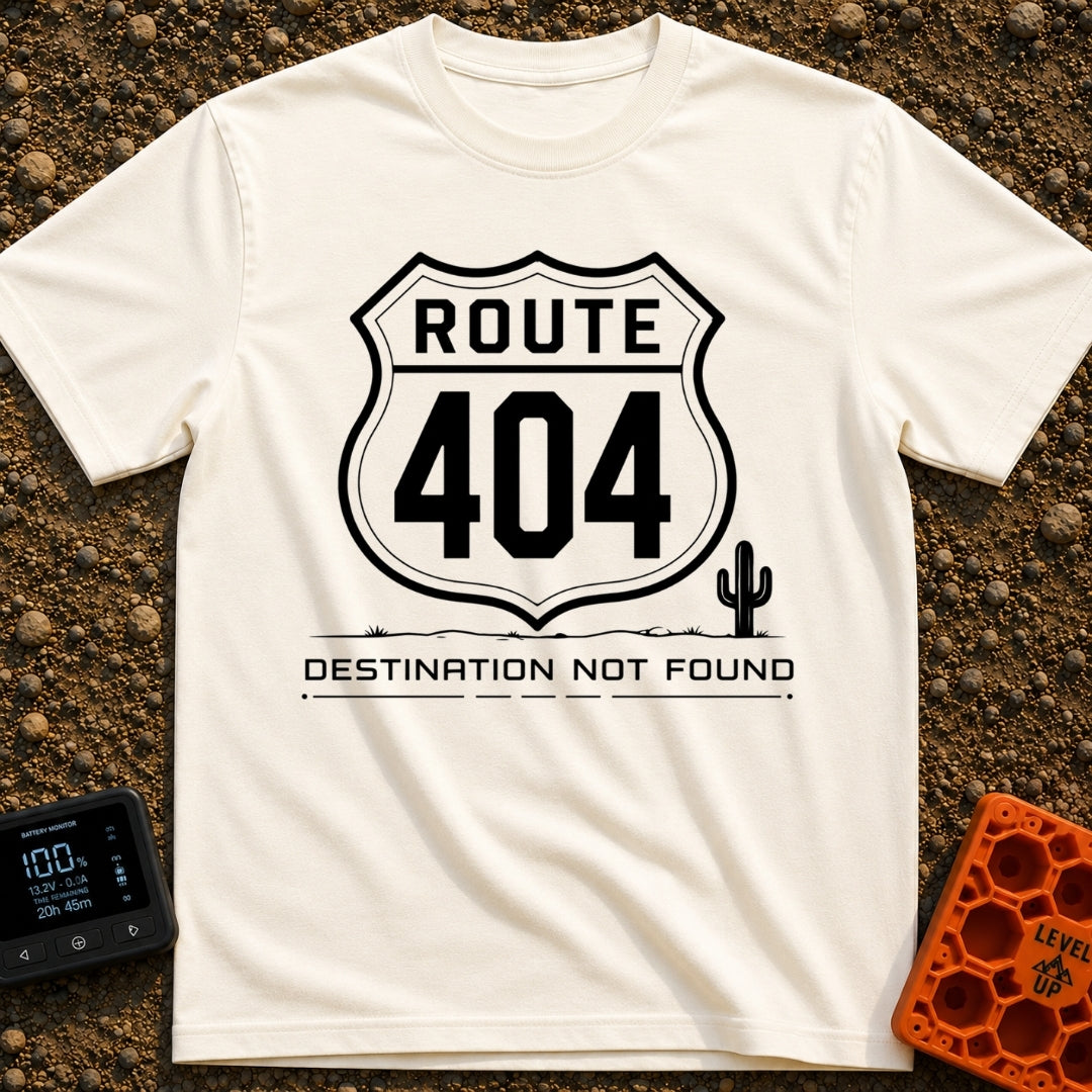 Route 404 Not Found - T-Shirt in Ivory - A black and white graphic featuring a traditional U.S. highway shield sign...