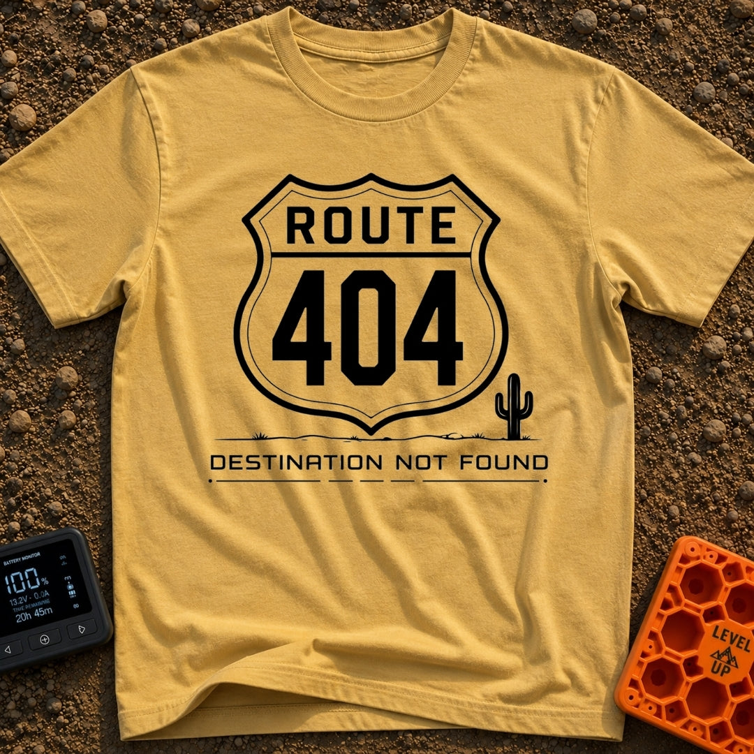 Route 404 Not Found - T-Shirt in Mustard - A black and white graphic featuring a traditional U.S. highway shield sign...