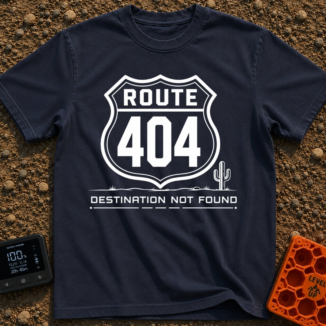 Route 404 Not Found - T-Shirt in Navy - A black and white graphic featuring a traditional U.S. highway shield sign...