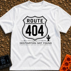 Route 404 Not Found - T-Shirt in White - A black and white graphic featuring a traditional U.S. highway shield sign...