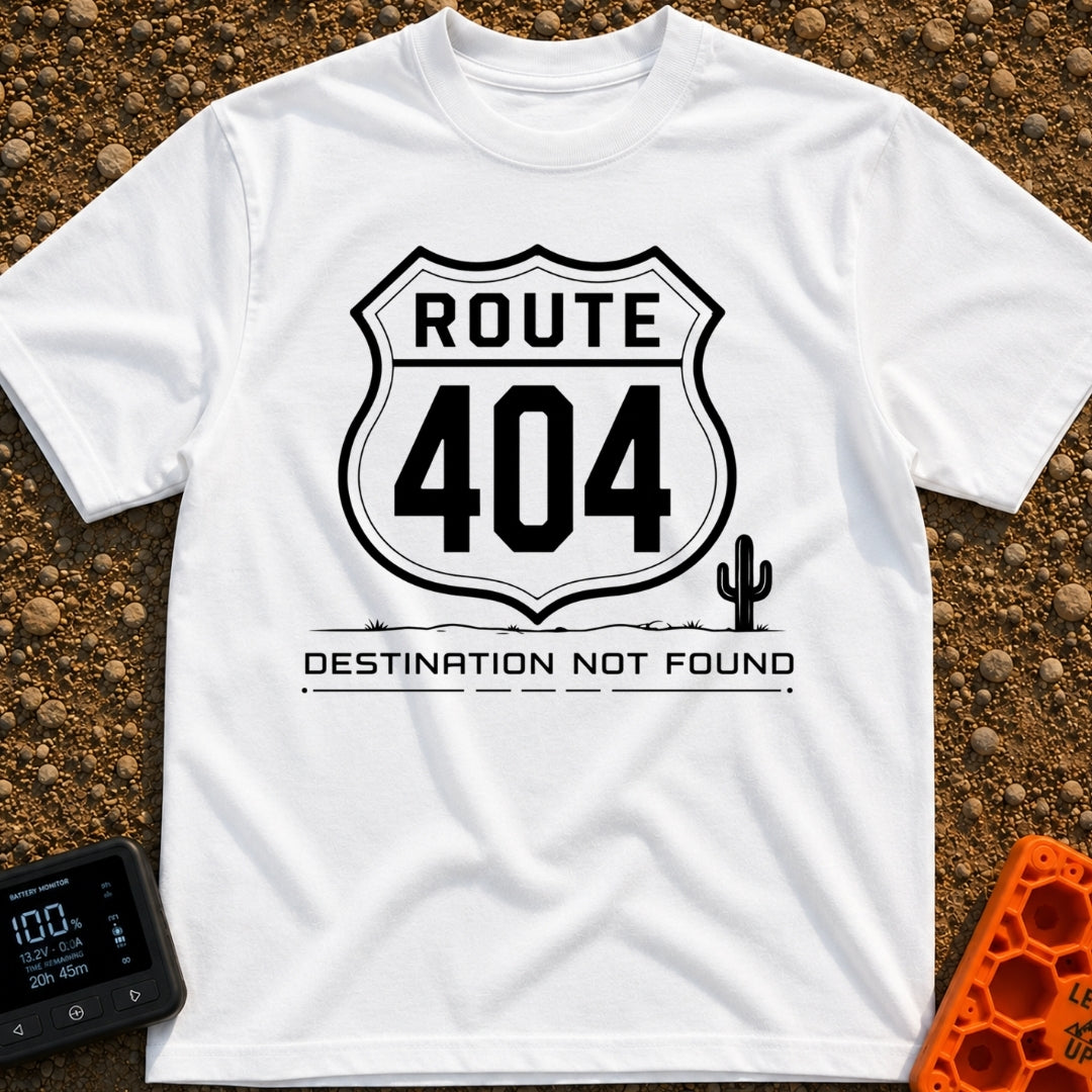 Route 404 Not Found - T-Shirt in White - A black and white graphic featuring a traditional U.S. highway shield sign...