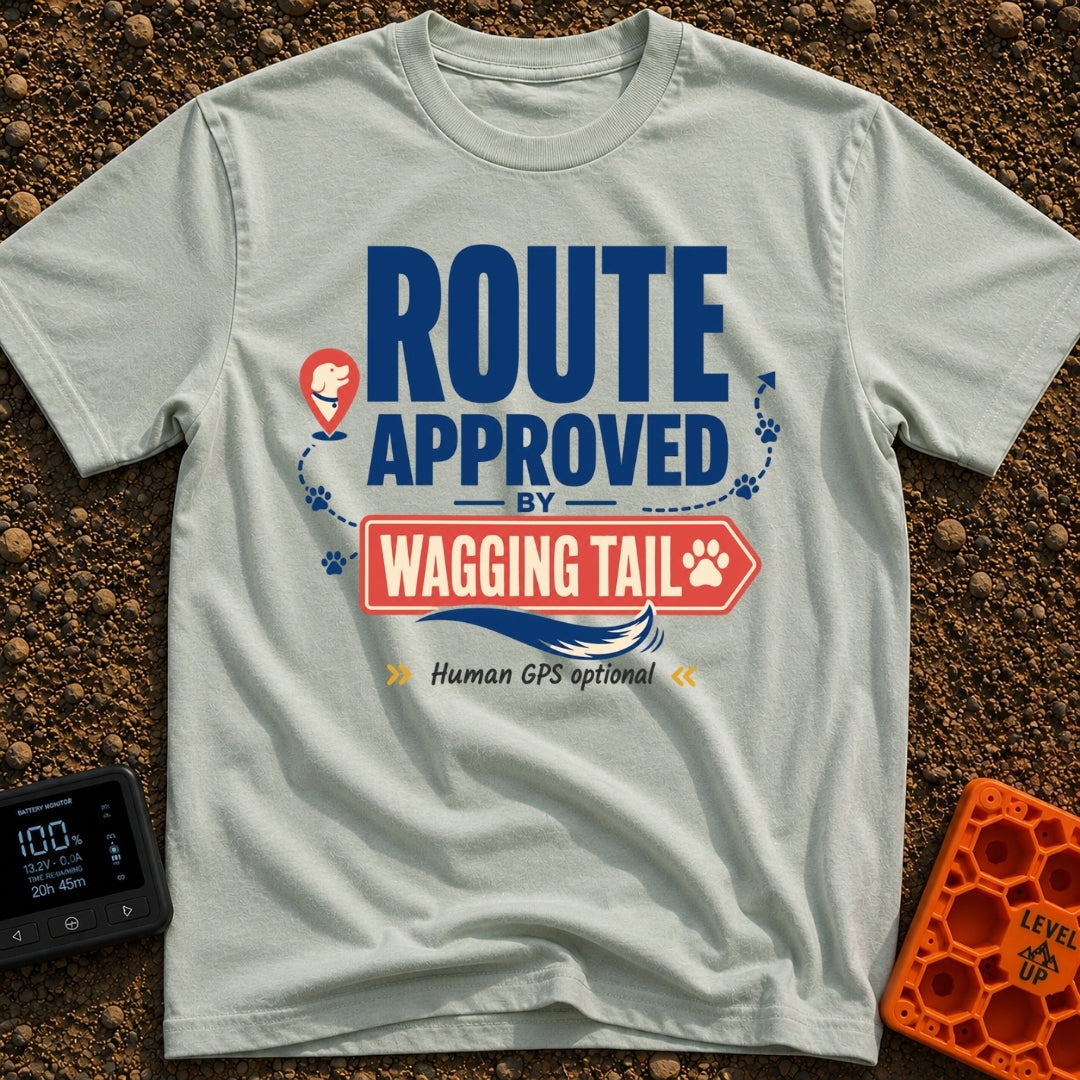 Wagging Tail Approved - T-Shirt in Bay - A typographic design reading "ROUTE APPROVED BY WAGGING TAIL" featuring a red...
