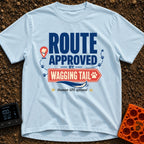 Wagging Tail Approved - T-Shirt in Chambray - A typographic design reading "ROUTE APPROVED BY WAGGING TAIL" featuring a...