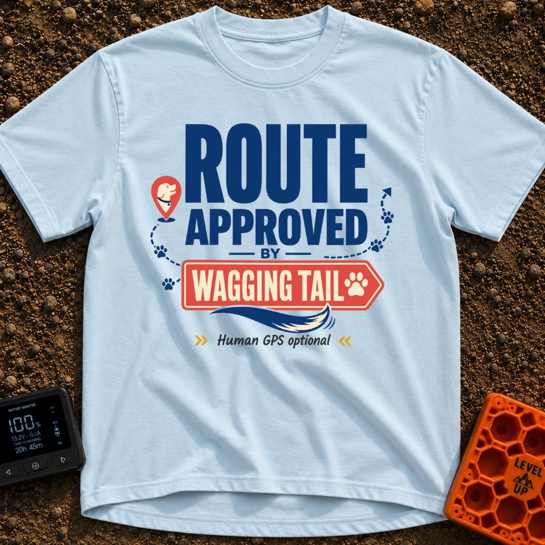 Wagging Tail Approved - T-Shirt in Chambray - A typographic design reading "ROUTE APPROVED BY WAGGING TAIL" featuring a...