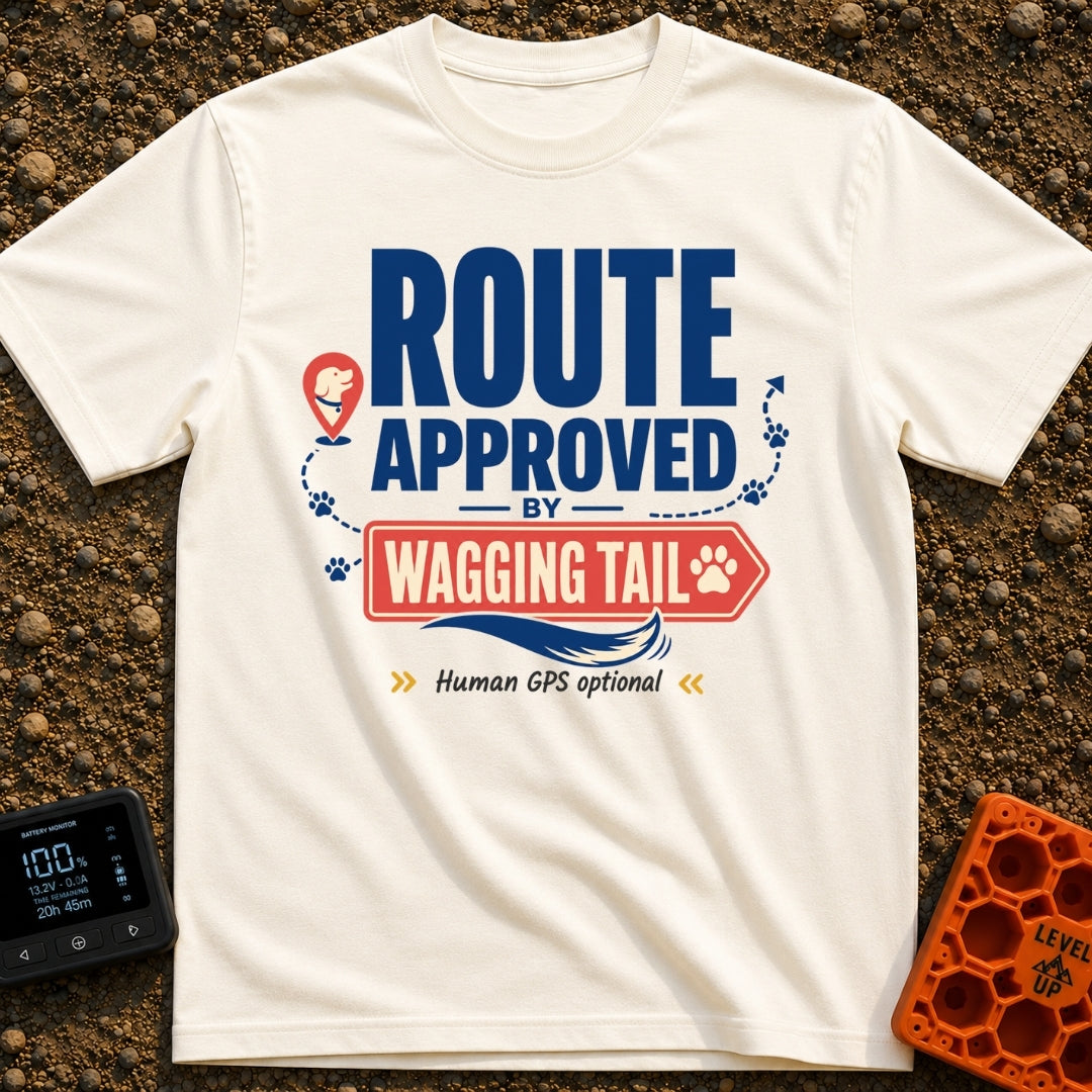 Wagging Tail Approved - T-Shirt in Ivory - A typographic design reading "ROUTE APPROVED BY WAGGING TAIL" featuring a red...