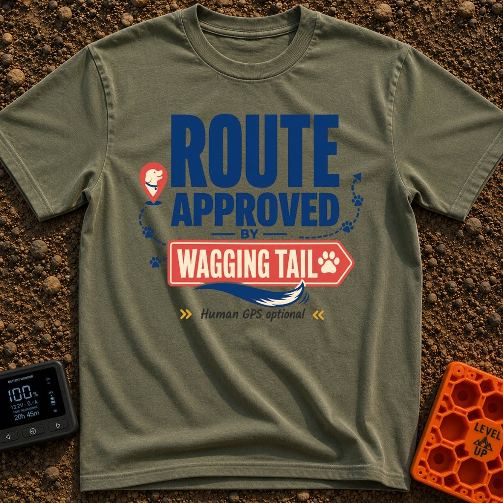 Wagging Tail Approved - T-Shirt in Moss - A typographic design reading "ROUTE APPROVED BY WAGGING TAIL" featuring a red...